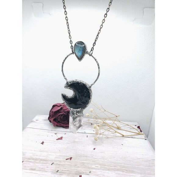 Labadorite and Obsidian Crystal Moon and kunzite crystal statement necklace - Picture 10 of 12